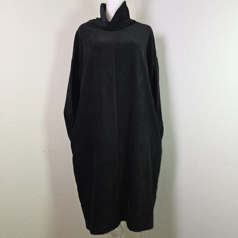 Robert Krugman Black Oversized Cocoon Dress, Minimalist Lagenlook Funnel Neck,L